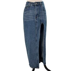 Women’s Blue Denim Maxi Skirt Front Slit Size M Cotton Jean Skirt Long